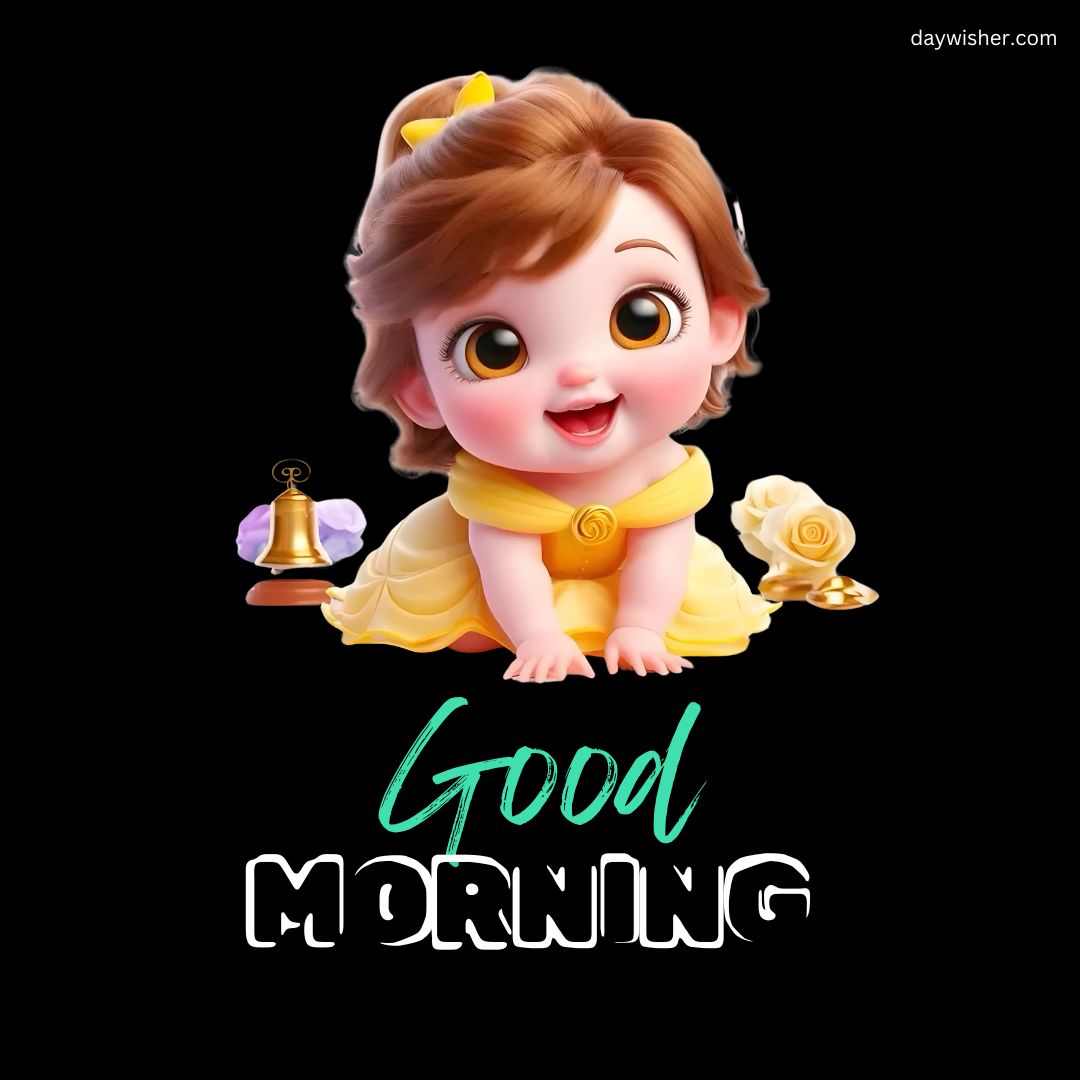 An illustration of a cheerful toddler dressed as a princess in a yellow dress, holding a bell and a rose, with the words "good morning" in green script below her in cartoon style.