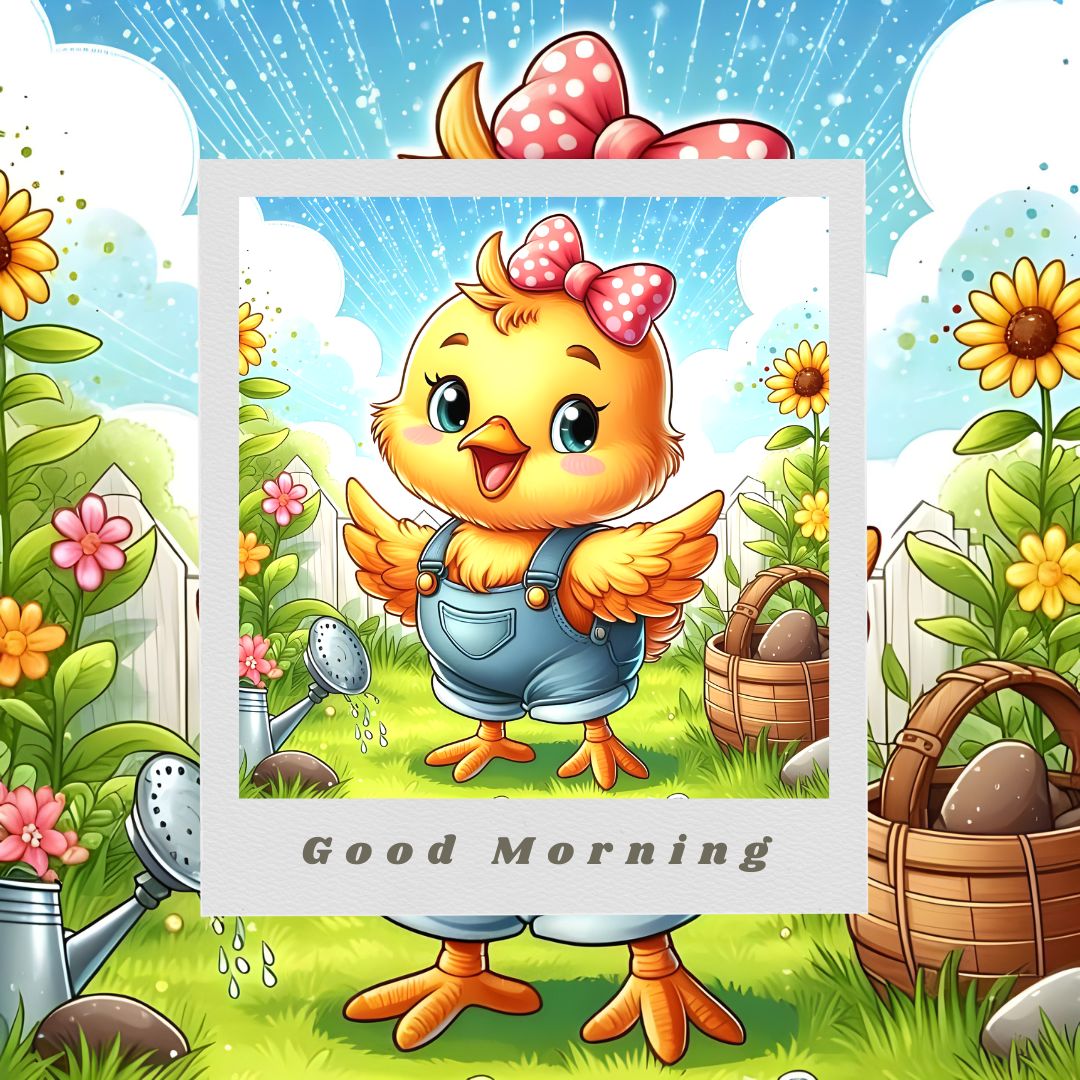 A cheerful cartoon chick wearing denim overalls and a red polka dot bow, standing in a sunny meadow with flowers, baskets, and a "good morning" message.