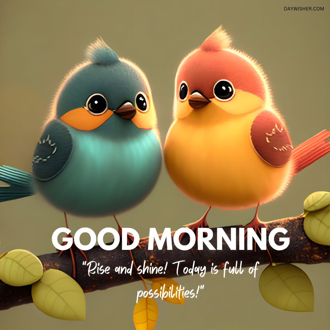 Two cartoon birds, one blue and one orange, perched on a branch in a "Good Morning Cartoon" image with the inspiring quote "rise and shine! today is full of possibilities!