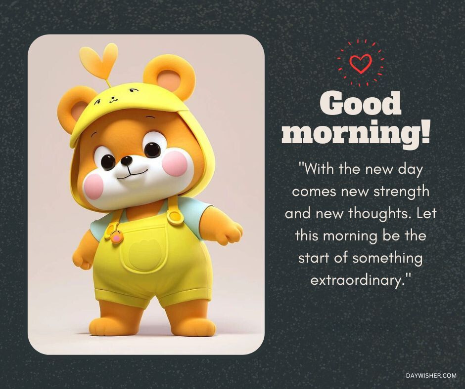 An adorable cartoon character dressed in a yellow bear costume with ears on the hood, smiling and standing against a gray background. The text says "Good morning!" with an inspirational quote.