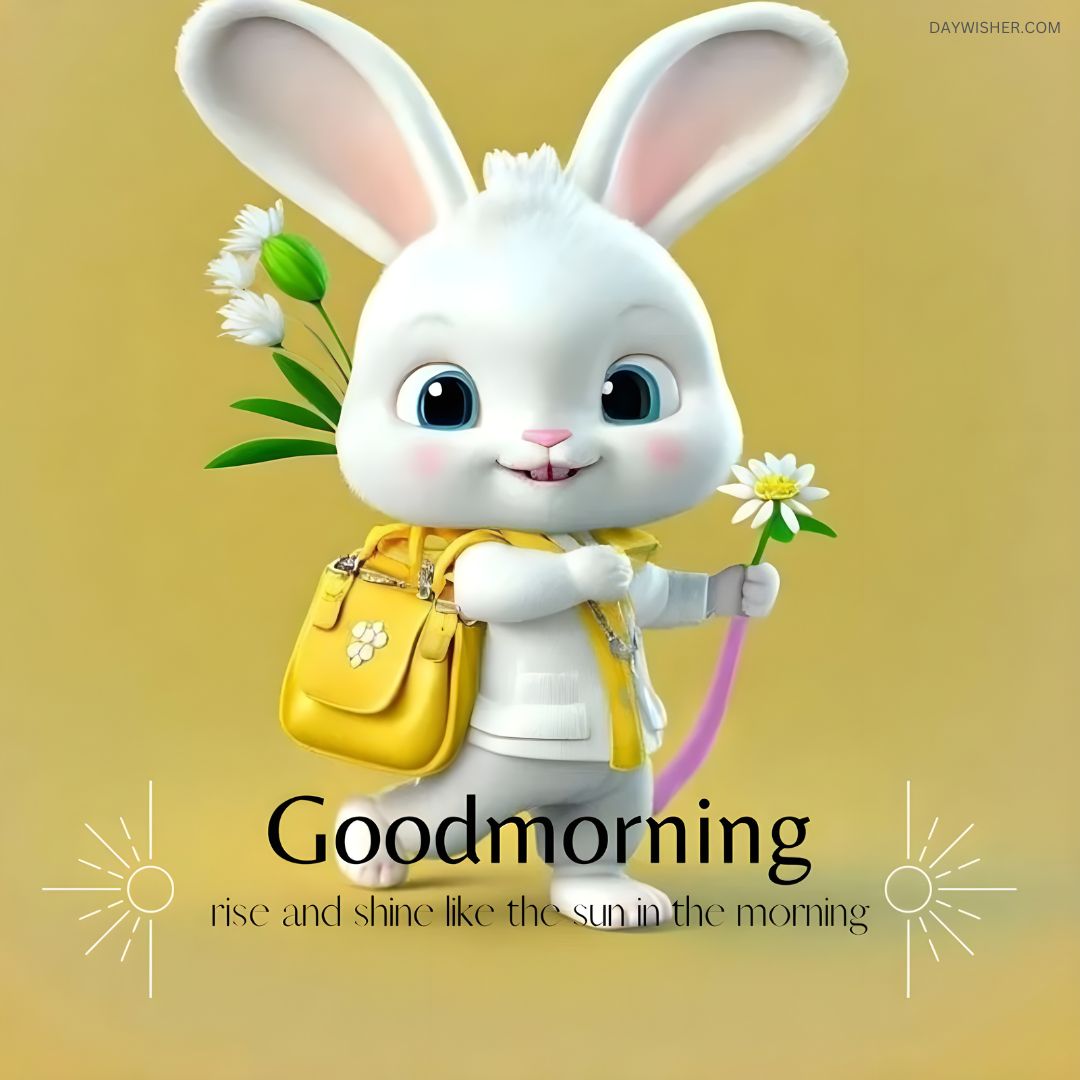 An animated image of a cheerful white bunny holding a yellow handbag and a daisy, with the words "energize you, rise and shine like the sun in the morning" displayed. The