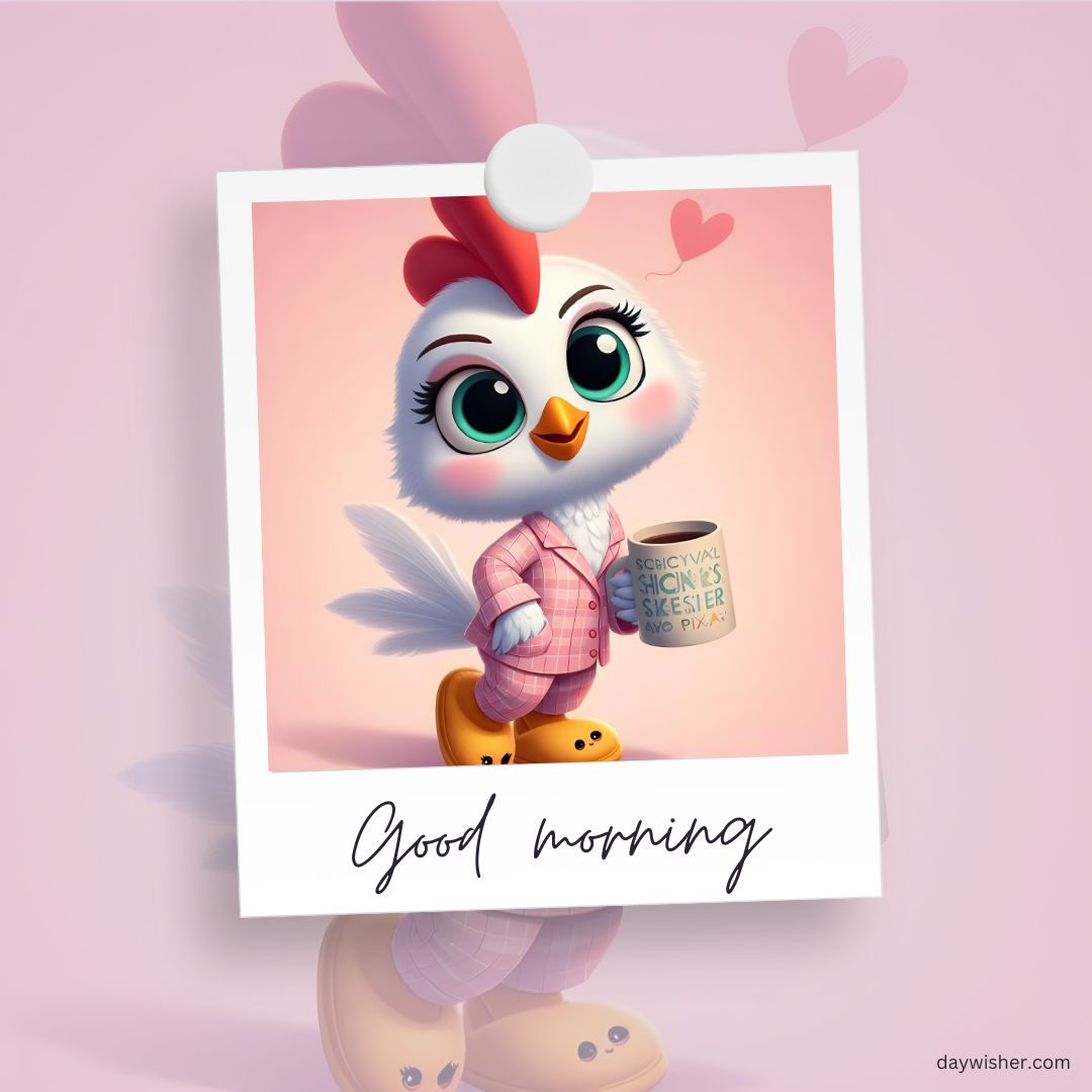 A cartoon chicken wearing glasses and a pink shirt, holding a coffee cup, with the text "good morning" on a pale pink background. Small hearts float around.
