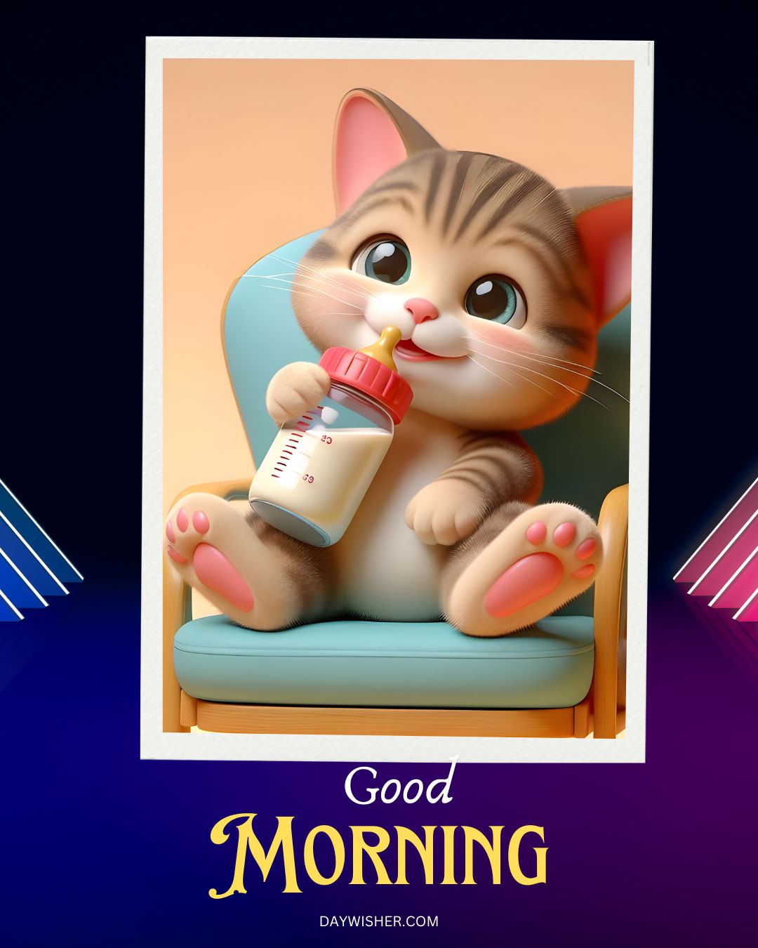 A digital illustration of a cute cartoon cat sitting in a blue chair, drinking milk from a bottle. The background is dark purple with blue highlights and a "Good Morning" greeting.