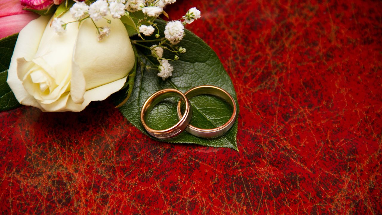 Two gold engagement rings lie on a green leaf, nestled against a bouquet of white and pink flowers, symbolizing love blooms on a textured red background.