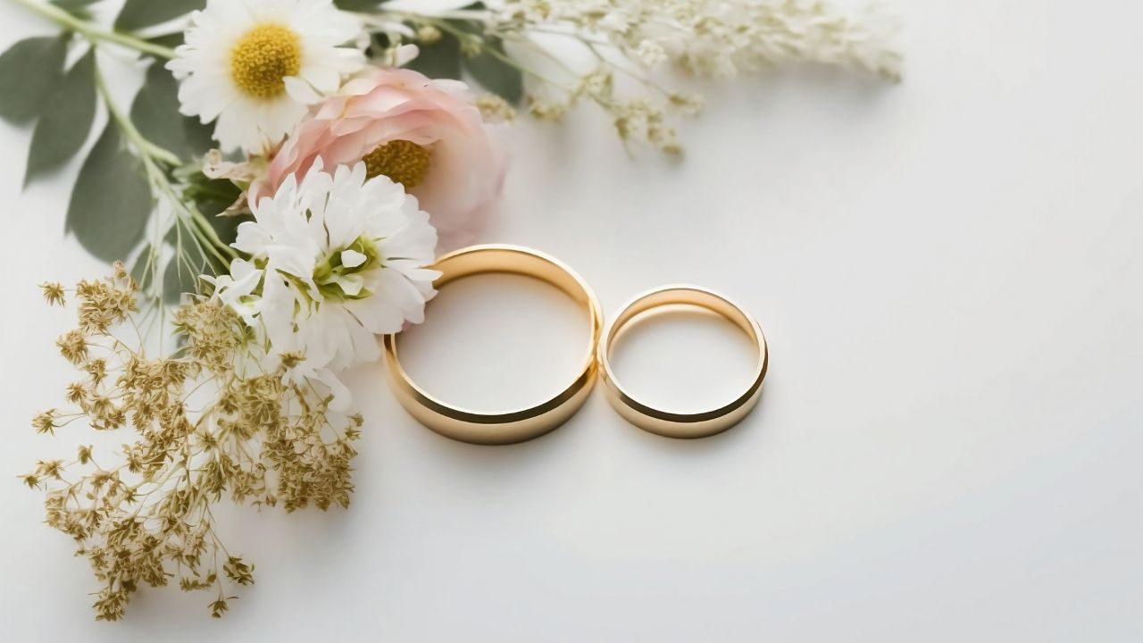 Two golden wedding rings lie next to a bouquet of soft pink and white flowers on a white background, symbolizing elegance and happy engagement.