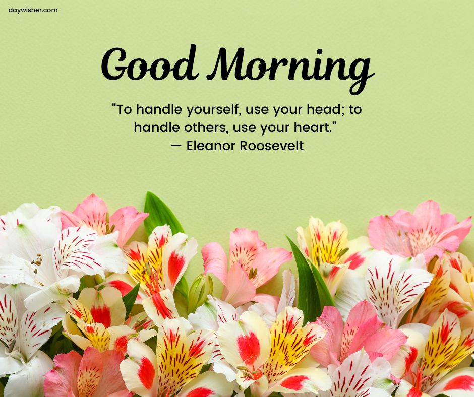 Image featuring a "good morning" greeting with positive words, a quote by Eleanor Roosevelt: "To handle yourself, use your head; to handle others, use your heart." The background is adorned with