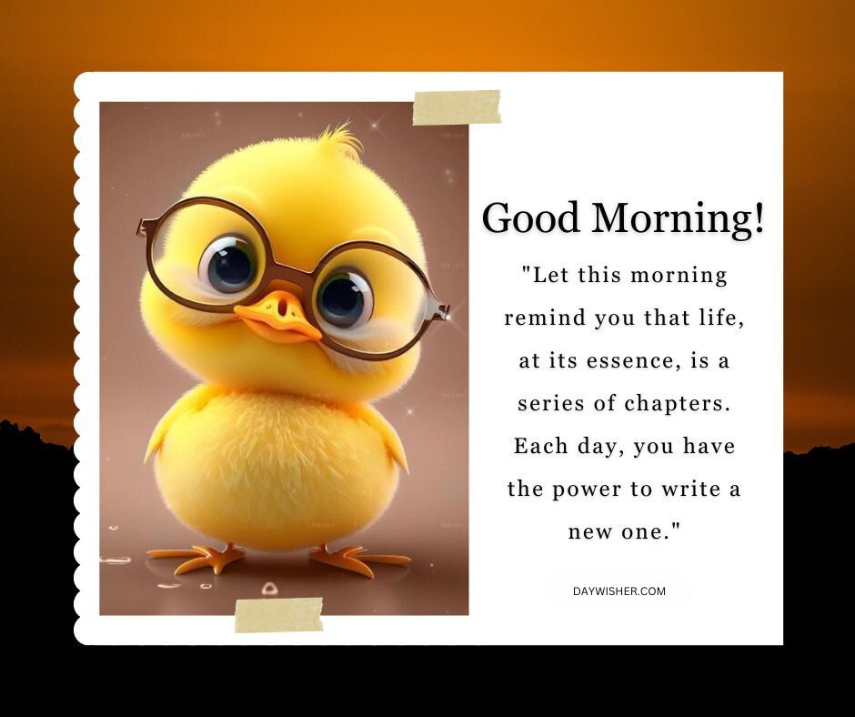 An adorable cartoon illustration of a yellow chick wearing glasses on an orange background, with a "good morning!" greeting and an inspirational quote about life and new beginnings.