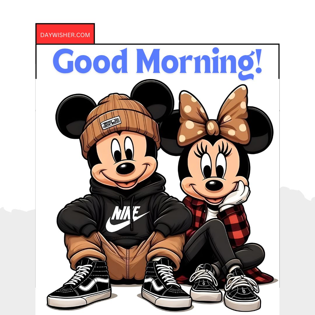 Cartoon image of Mickey and Minnie Mouse dressed in modern streetwear with "Good Morning!" text above them. Mickey wears a cap and hoodie, while Minnie sports a bow and plaid shirt
