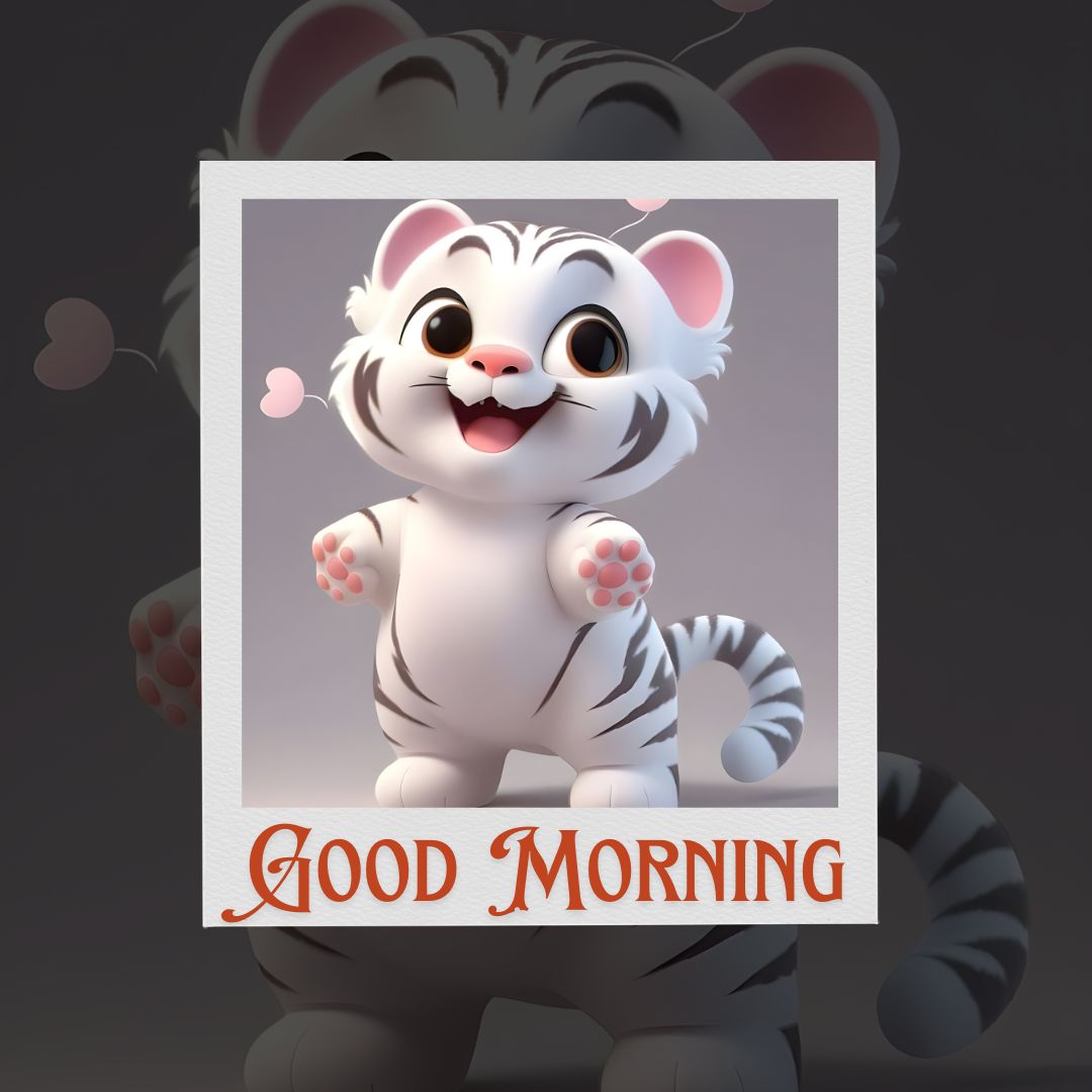 A cheerful animated tiger cub with wide eyes and a big smile, standing and extending its arms, framed by a "good morning" greeting in a decorative cartoon font.