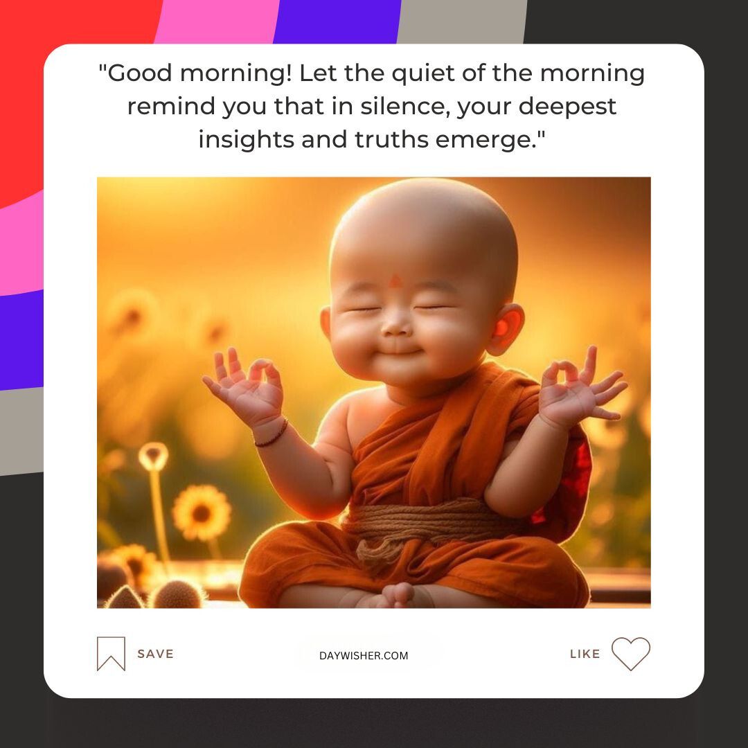 An illustrated image of a joyful baby monk meditating among sunlit flowers, with a "Good Morning" quote about embracing the silence of the morning.