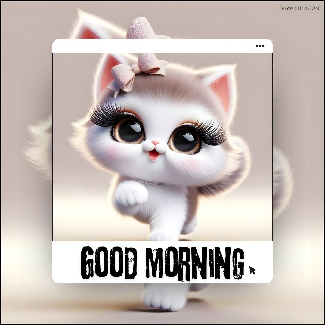 A cute cartoon kitten with big eyes and a pink bow on its head, walking forward and waving a paw, with the phrase "good morning" displayed at the bottom.