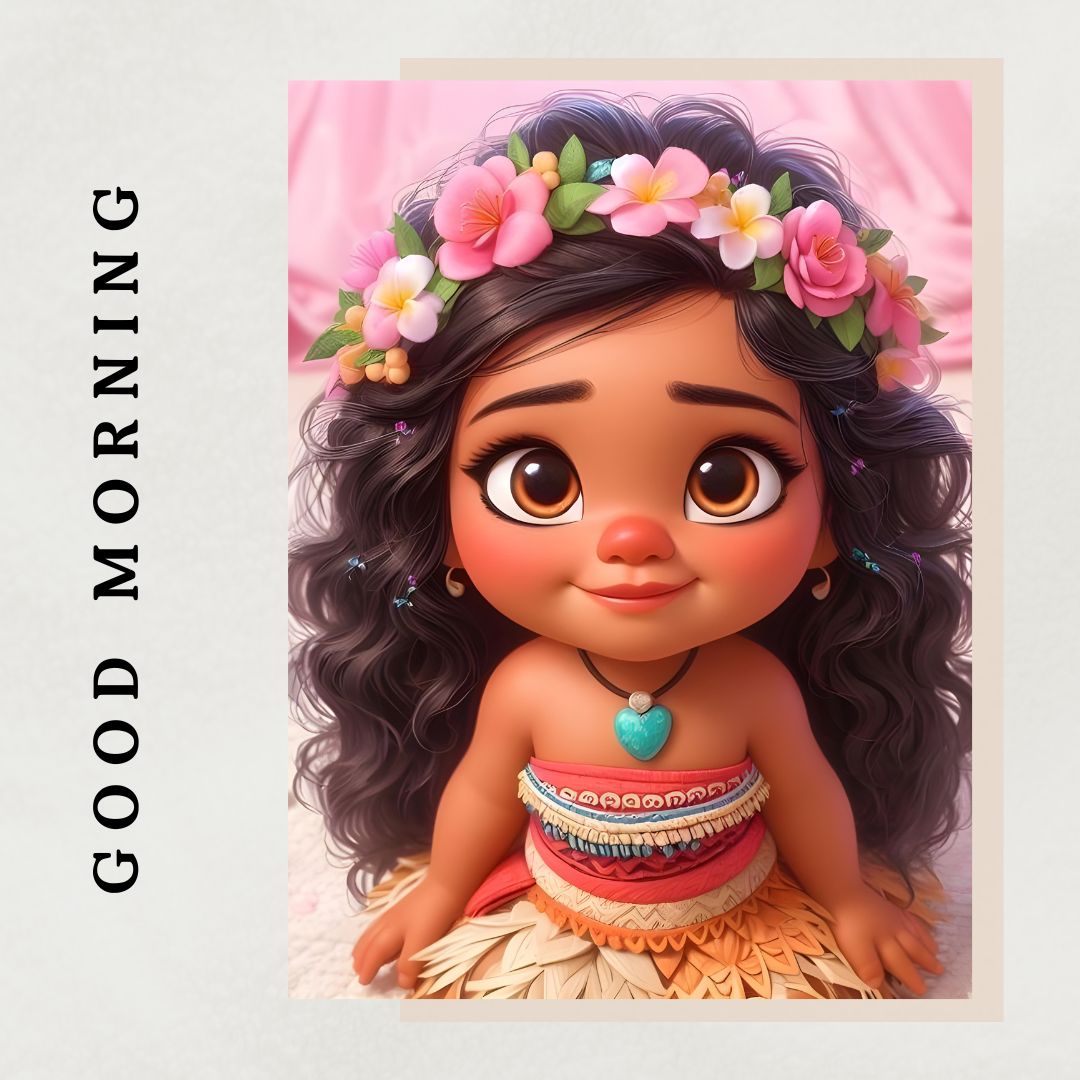Illustration of a cheerful cartoon girl with large brown eyes and curly hair, wearing a floral headband and traditional dress, with "good morning" text above.