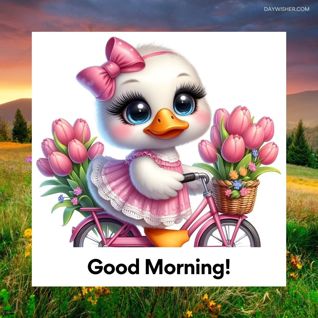 A cute cartoon duckling wearing a pink bow and dress, riding a bicycle with a basket of tulips, with a colorful sunrise in the background and the text "good morning!" at the bottom.