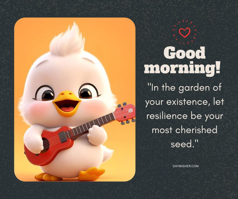 An animated image of a cheerful baby duck holding a red ukulele with the text "Good Morning! In the garden of your existence, let resilience be your most cherished seed.