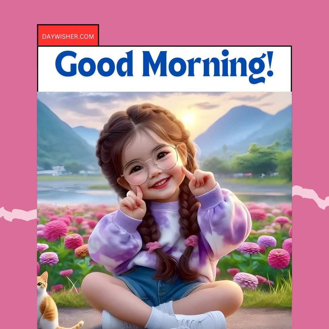 A digital artwork of a young girl with pigtails smiling and making a heart shape with her fingers. She's surrounded by scenic mountains, a pink flower field, and a small cat beside her.