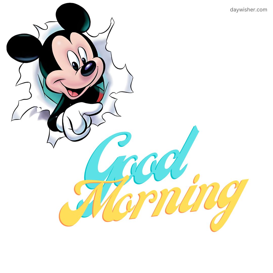 Mickey Mouse popping through a paper tear with a cheerful expression, alongside a stylized "good morning" text in yellow and blue below him, perfect for cartoon images.