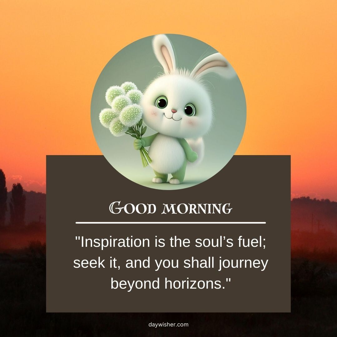 A cute Good Morning Cartoon image featuring a fluffy cartoon rabbit in a circular frame with a sunrise background. The image includes a "good morning" greeting and a quote about inspiration.