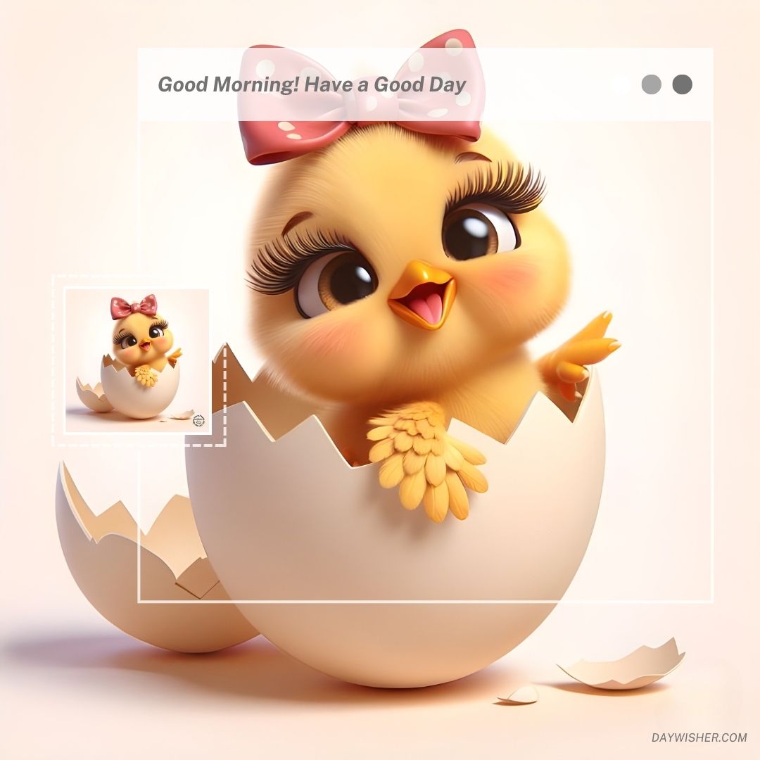 Illustration of a cute chick with a pink bow on its head, hatching from an egg, surrounded by broken shell pieces and feathers, with a cartoon text message saying "good morning! have a