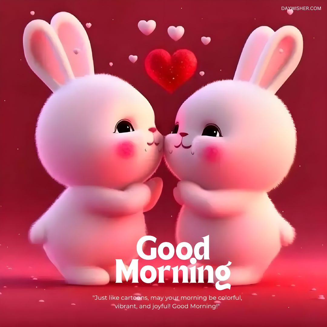 Two cartoon bunnies touching noses affectionately on a pink background, with a heart floating above and the text "Good Morning" along with an inspirational quote to energize you.