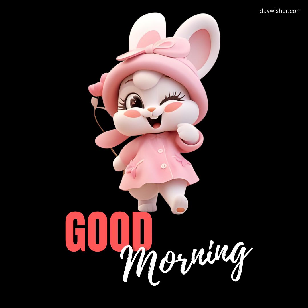 An adorable cartoon rabbit dressed in a pink outfit and hat, winking and holding a finger to its mouth, with the words "good morning" in red below.