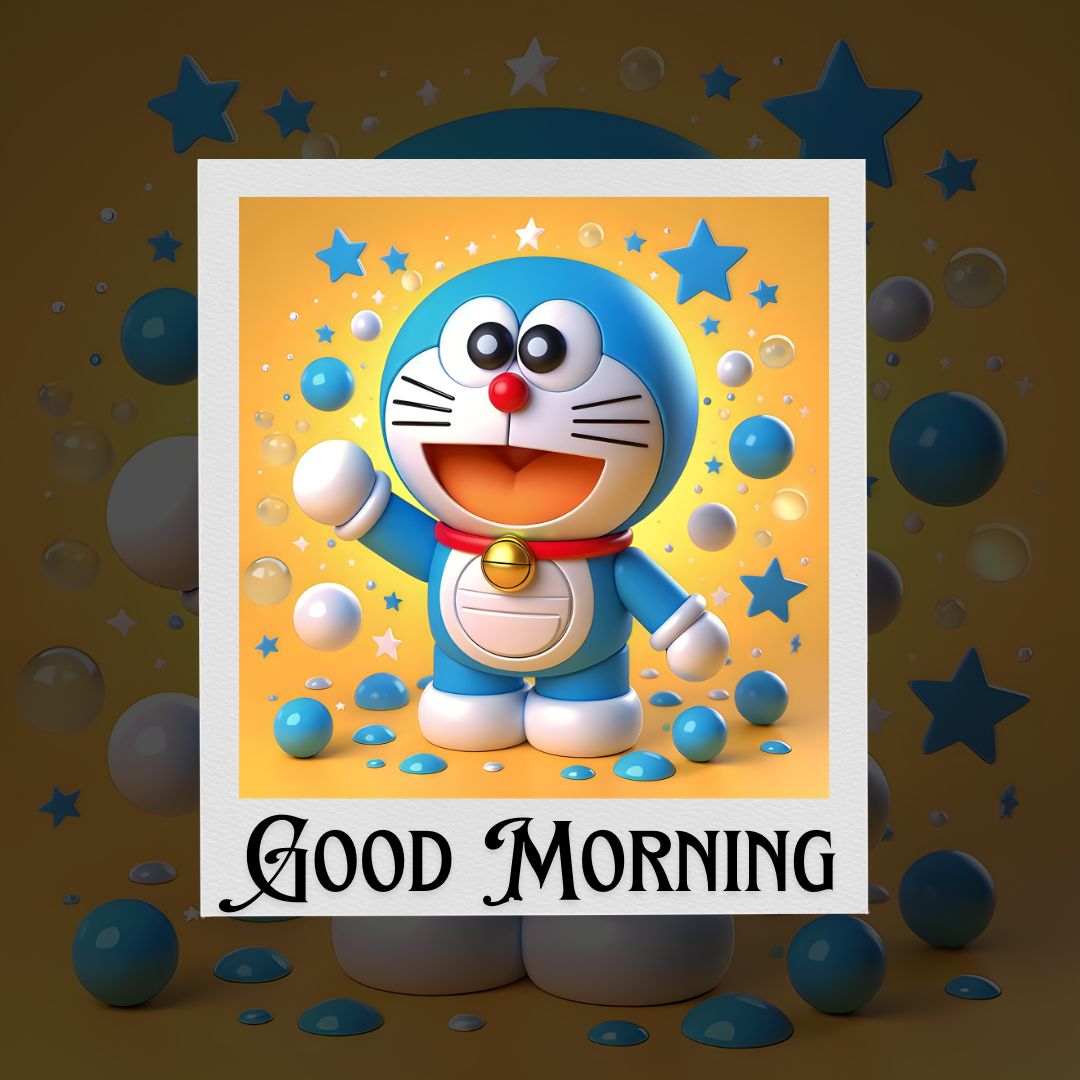 Image of a cheerful Doraemon cartoon character waving, framed by a decorative border with stars and bubbles on a brown background, featuring the text "good morning" at the bottom.