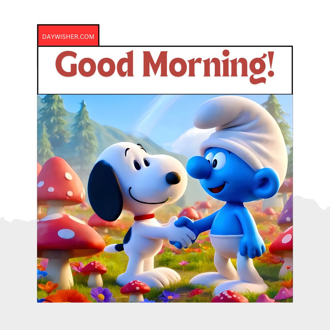 An image showing a cheerful smurf character shaking hands with Snoopy the dog, set in a colorful mushroom-filled forest with the text "good morning!" at the top, creating a delightful cartoon scene.