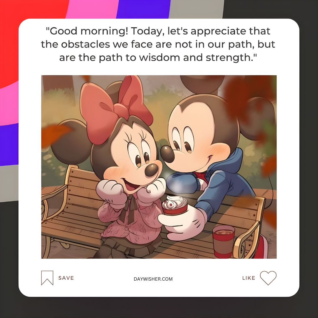 Minnie Mouse and Mickey Mouse are sitting on a bench, sharing a joyful moment with Minnie listening intently to Mickey who is holding a teapot. They are surrounded by a serene, leafy
