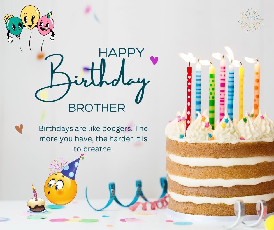 A festive birthday card offering "birthday wishes for brother," featuring a layered cake with lit candles, surrounded by colorful confetti, balloons, and a humorous quote about aging.