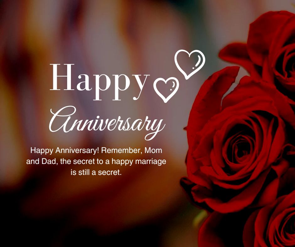 Image with text "Wedding Anniversary Wishes for Parents" above red roses. Additional text reads "Happy anniversary! Remember, Mom and Dad, the secret to a happy marriage is still a secret.