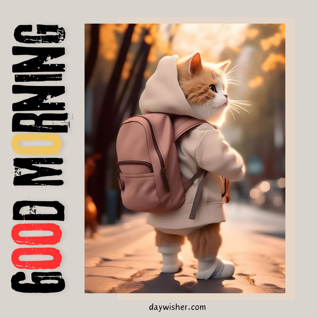 A cat standing upright on a sidewalk, wearing a pink backpack and hoodie, with sunlight filtering through trees. Overlay text reads "Good Morning Cat Images.