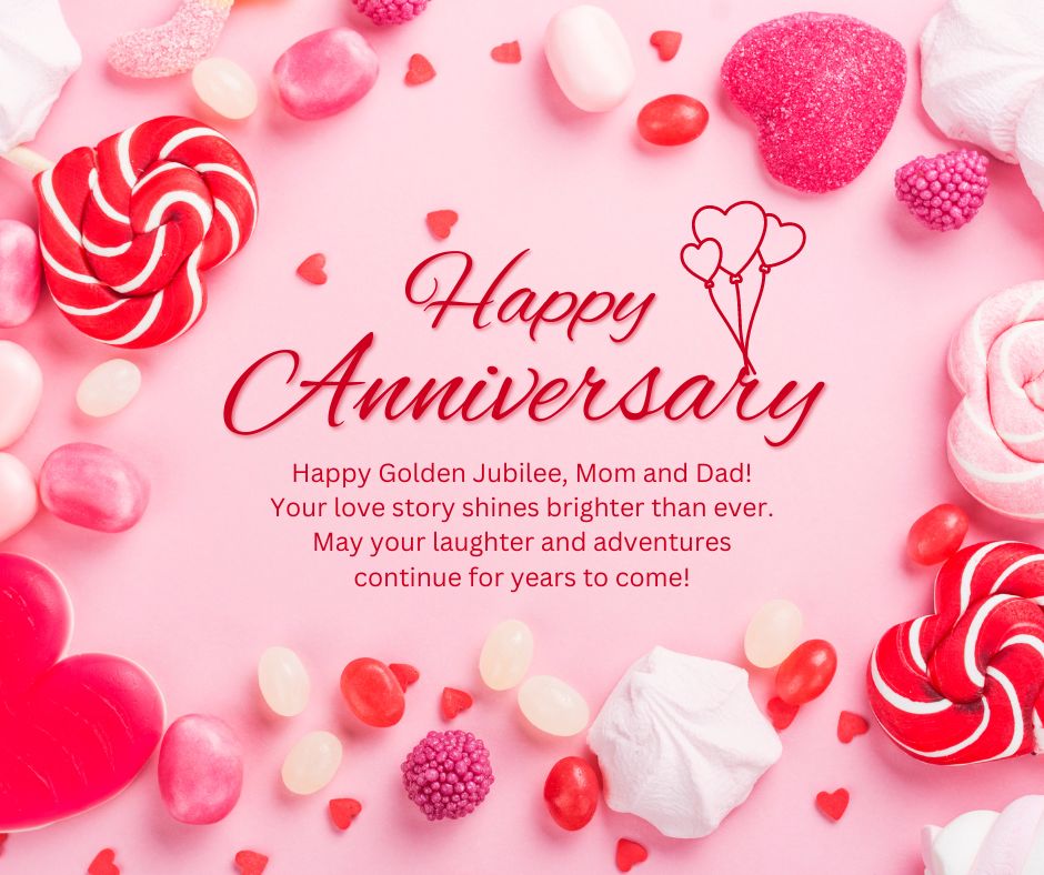 Anniversary card with "Wedding Anniversary Wishes for Parents" text, surrounded by candy hearts and confetti on a pink background, and a dedicated message for a golden jubilee celebration.