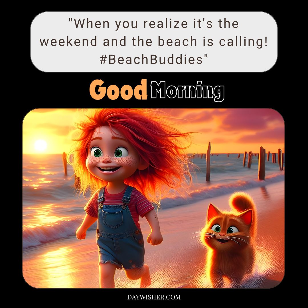 A vibrant animated image showing a young girl with bright red hair and a joyful expression, running along a beach at sunset accompanied by a delighted orange kitten. Both are glowing in the warm light of the setting sun, with waves gently lapping at the shore and a dramatic sky in the background.