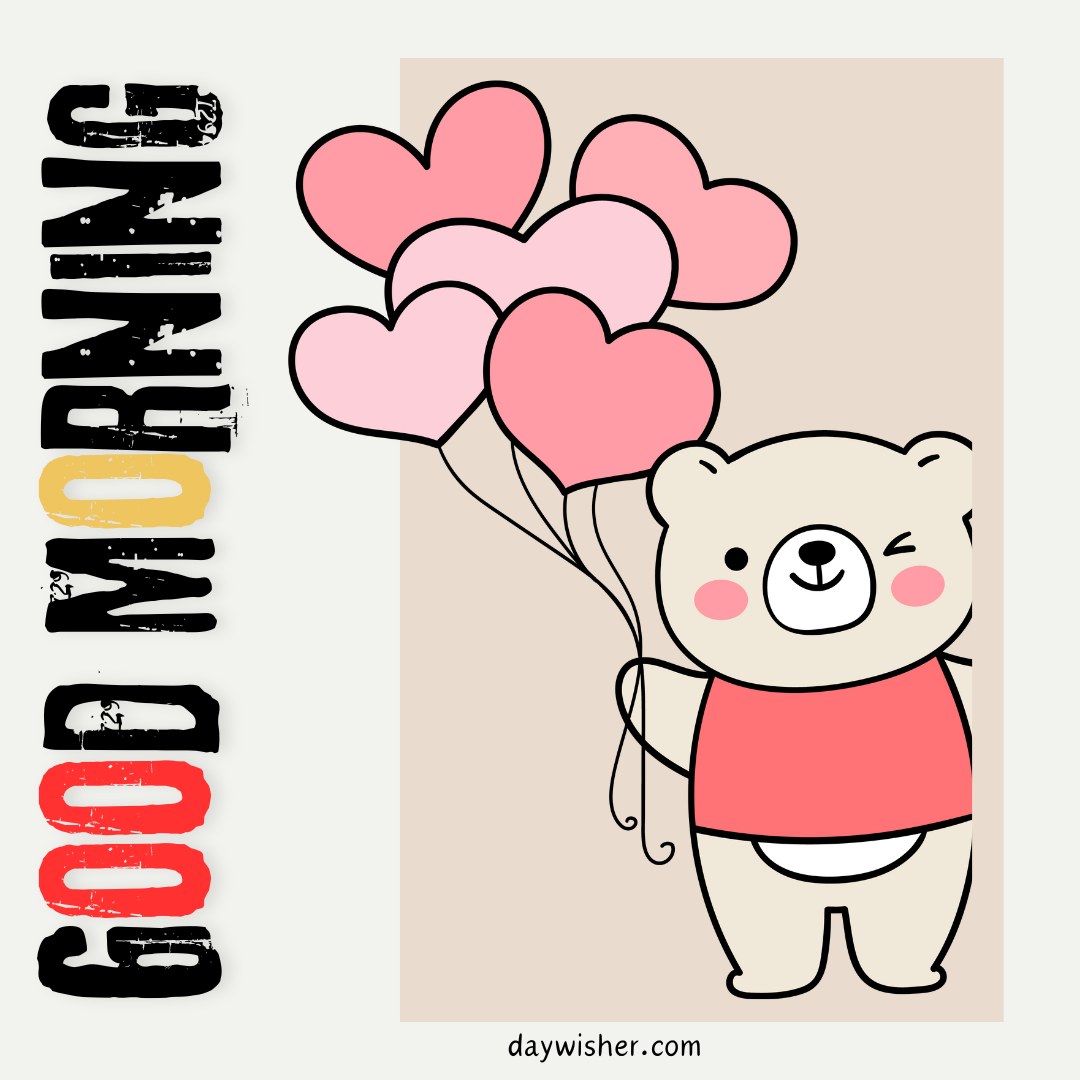 Good morning heart image featuring a cute bear holding a bunch of pink and red heart-shaped balloons. The text "Good Morning" is written vertically in bold, distressed lettering with a gradient of black, yellow, and red on the left side. The bear has a cheerful expression with blushing cheeks, adding a touch of sweetness and warmth to the image, perfect for sending morning greetings filled with love.