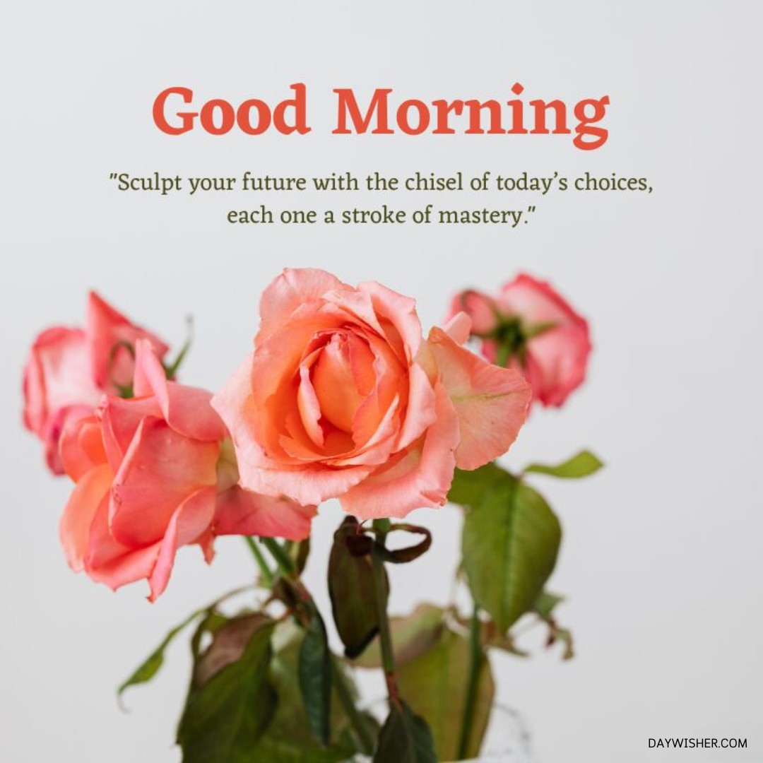 A trio of exquisite peach roses in full bloom against a clean, white background, creating a striking contrast. The roses, with their delicate petals and vibrant hues, stand elegantly, symbolizing freshness and beauty. Each rose is captured in different stages of bloom, highlighting their natural grace and the artistry of nature. The image is enhanced by an inspirational quote about shaping one's future through today's choices, making it a perfect morning message to inspire mastery and purposeful living.