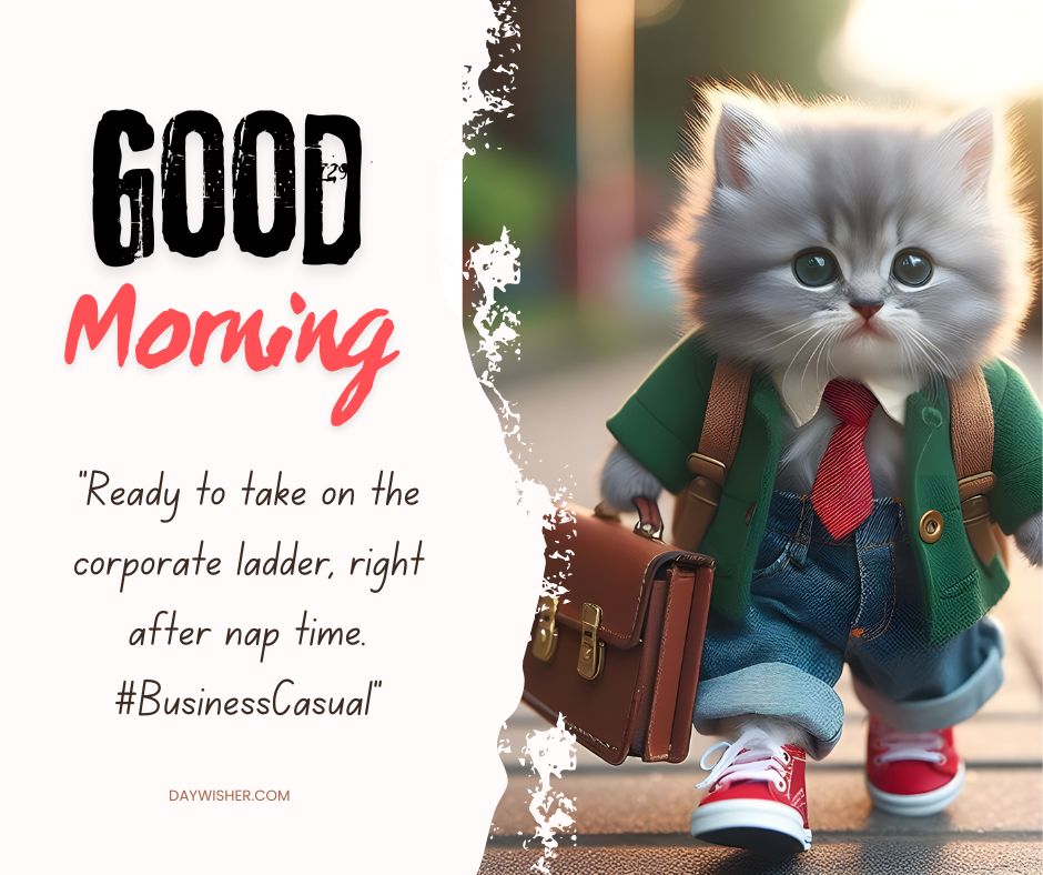 A fluffy gray kitten dressed in a smart outfit, complete with a green jacket, red tie, jeans, and red sneakers, confidently struts down a sunlit street. The kitten carries a stylish brown briefcase, adding to its business-ready appearance.