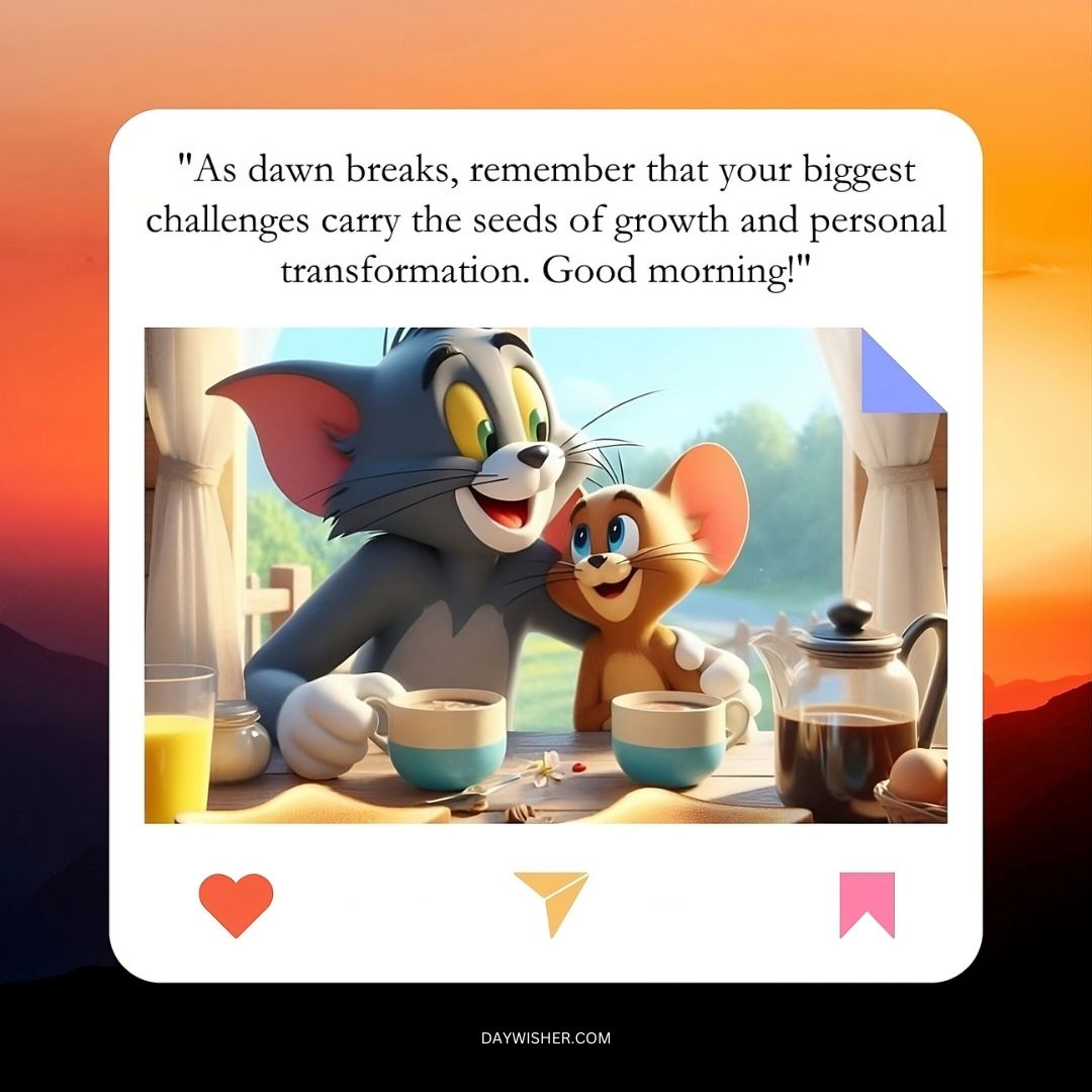 Image of animated cartoon characters, Tom and Jerry, smiling over a breakfast table with cups of tea, by a sunny window. The quote says, "As dawn breaks, remember that your biggest challenges carry