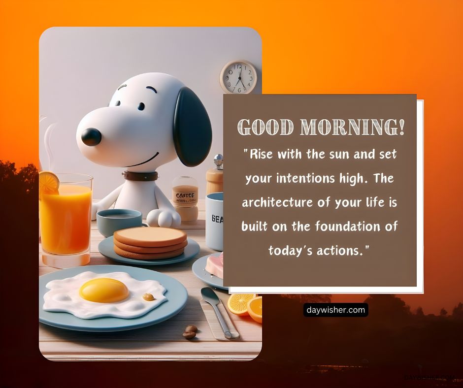Digital illustration of Snoopy from Peanuts enjoying breakfast with text saying "Good Morning! Rise with the sun and set your intentions high. The architecture of your life is built on the foundation of today’s