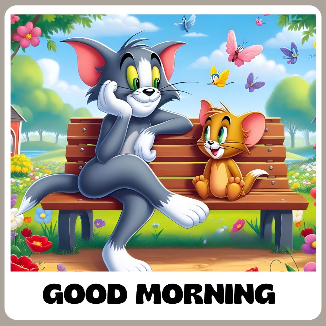 Illustration of Tom the cat and Jerry the mouse sitting together on a park bench with a "good morning" greeting, surrounded by a lush green landscape and colorful butterflies in this cartoon image.
