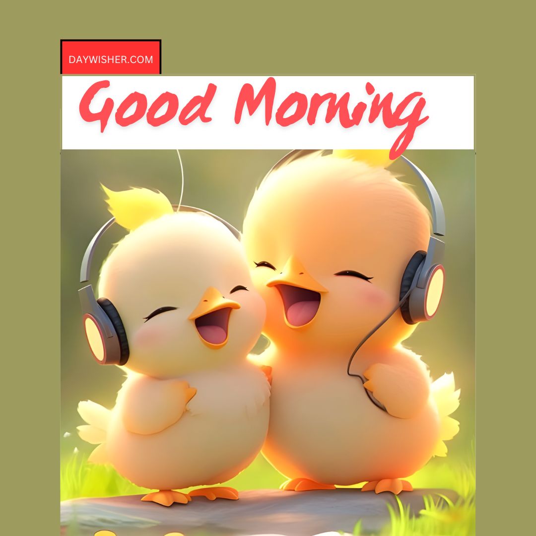 Two cheerful cartoon chicks, one wearing headphones, singing and dancing under the text "good morning" displayed on a red banner. The scene has a warm, glowing background.