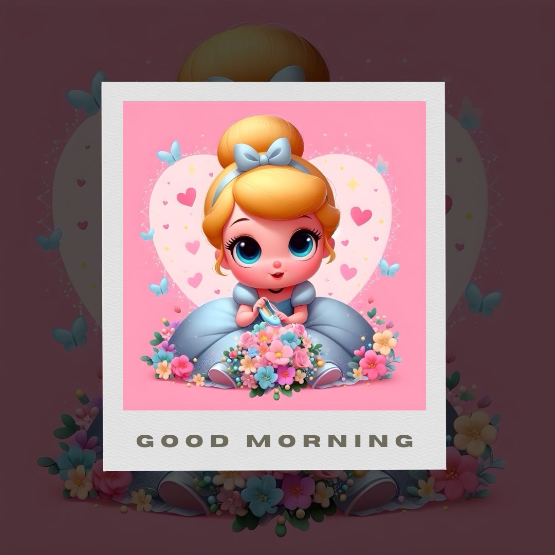 Illustration of a cartoon character with blue eyes and blonde hair tied with a blue bow, sitting on a cloud surrounded by flowers, with large pink hearts in the background. A "good morning" text