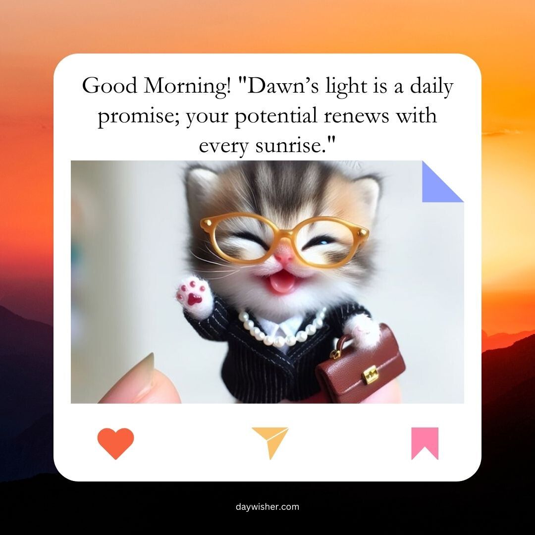 An illustration of an adorable kitten wearing glasses and a suit, raising a paw, with a quote about the promise of each new day above it. The background fades from orange to blue, simulating sunrise