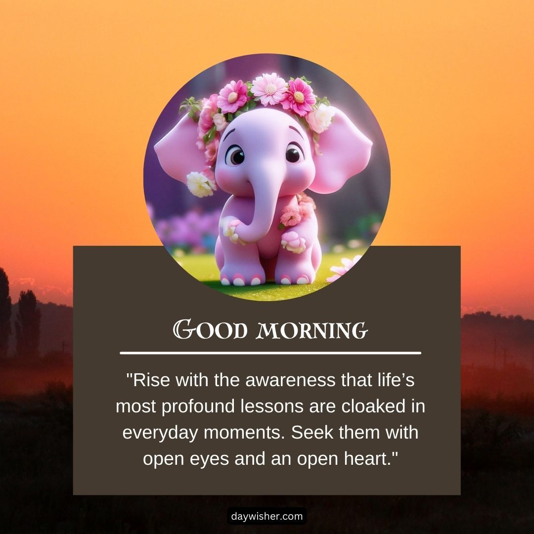 A digital image of a cute, cartoon-style baby elephant on a background of a sunrise. The elephant is adorned with flowers. Text reads "Good Morning" and includes a motivational quote about life’s lessons
