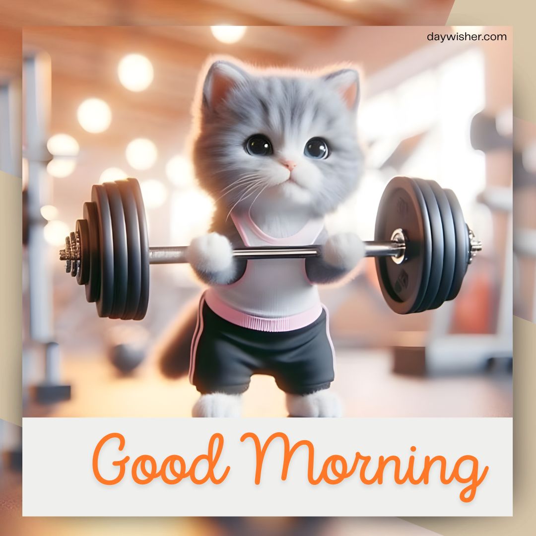 A whimsical cartoon illustration of a fluffy gray kitten wearing a workout tank top, lifting a barbell, with "good morning" text at a gym setting.