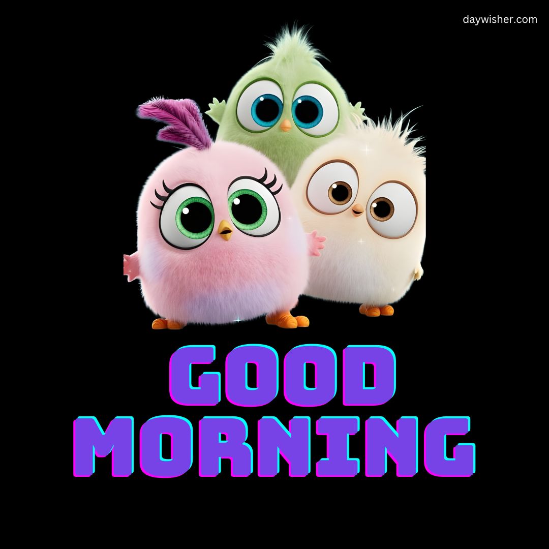 Three cute, colorful cartoon birds with large eyes and fluffy feathers, standing together, with the text "good morning" in bold letters above them.