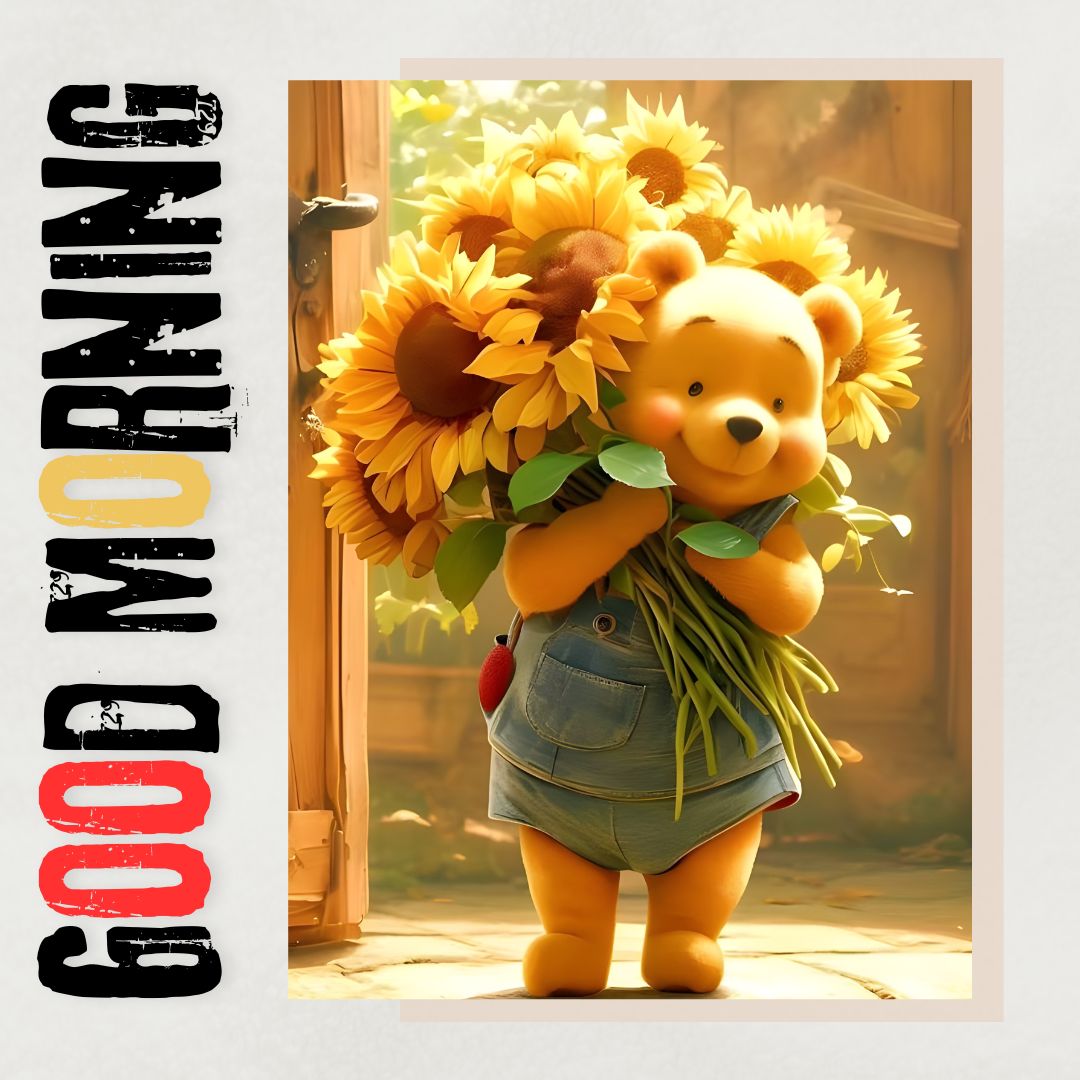 A cute cartoon teddy bear holding a large bouquet of sunflowers, with "good morning" text in bold on the upper left, standing in a warmly lit doorway.