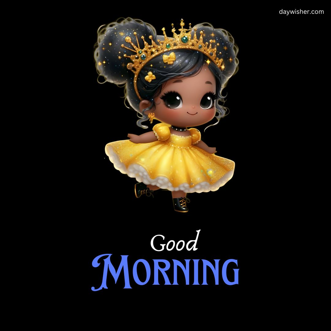 Illustration of a cute, stylized young girl wearing a yellow dress and a golden crown with "good morning" text in blue, floating on a dark background in a cartoon style.