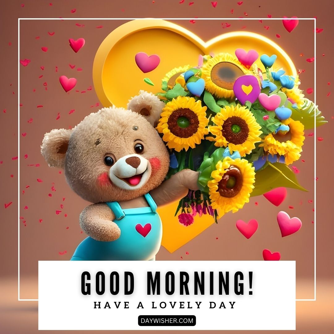 A cheerful cartoon featuring a teddy bear holding a bouquet of sunflowers next to a large yellow heart, with the text "good morning! have a lovely day" over a pink background.