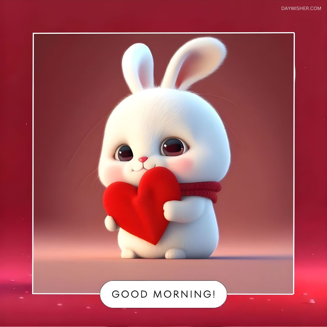 A cute animated rabbit holding a big red heart with both paws, against a soft red background. The rabbit wears a small red scarf and the image includes the text "New Good Morning!" at the