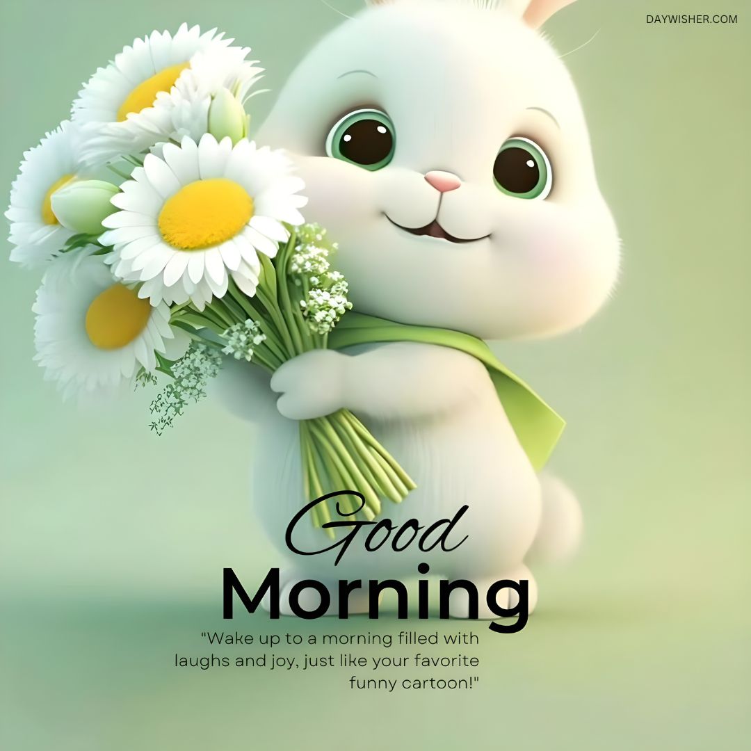 A cute animated rabbit holding a bouquet of daisies with a text overlay saying "New Good Morning" and an inspirational quote. The background is soft green.