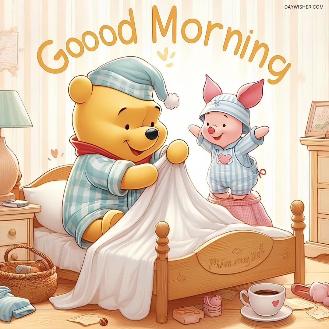 Illustration of Winnie the Pooh and Piglet in a cozy bedroom setting. Pooh, in pajamas and a nightcap, is sitting up in bed while Piglet, dressed in a